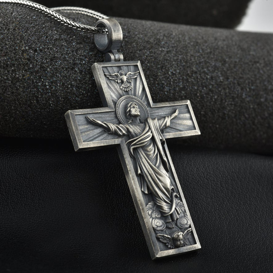 Modern Silver Crucifix Necklace - Jesus Ascension