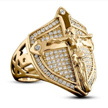 Gold Shield Ring with Cross