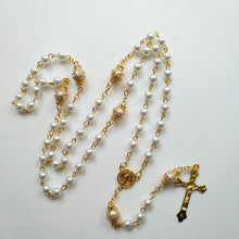 Pearl White & Gold Rosary with St. Benedict Medal + Crucifix