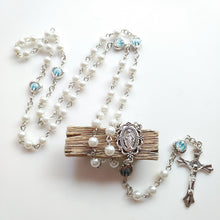 Glass Pearl Rosary Necklace of Our Lady with Silver Crucifix