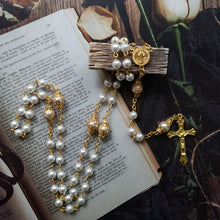 Pearl White & Gold Rosary with St. Benedict Medal + Crucifix