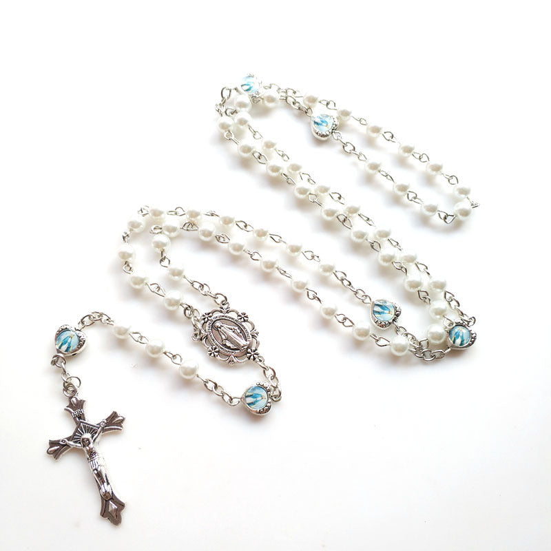 Glass Pearl Rosary Necklace of Our Lady with Silver Crucifix