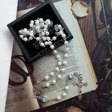 Glass Pearl Rosary Necklace of Our Lady with Silver Crucifix
