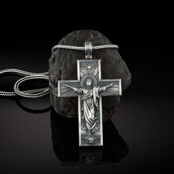 Modern Silver Crucifix Necklace - Jesus Ascension